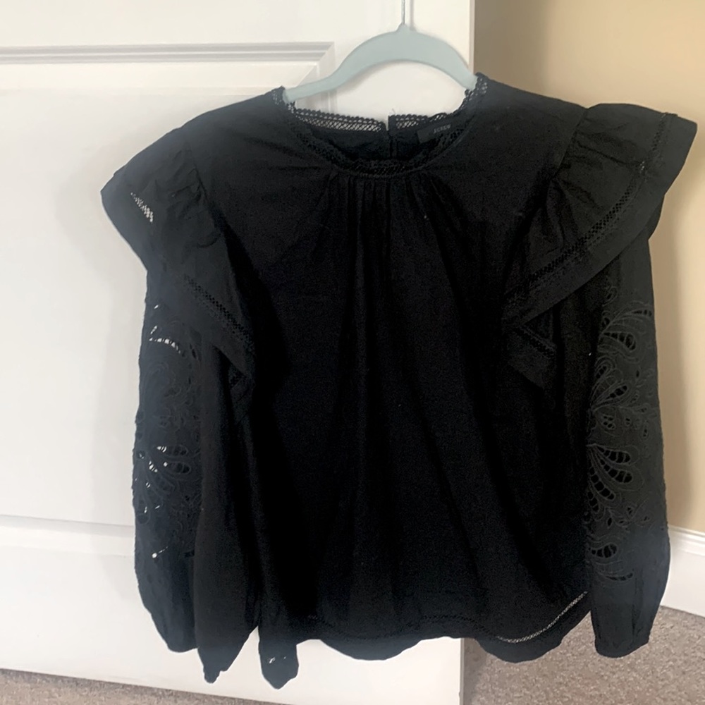 J. Crew Womens Black Cotton Ruffled Long Sleeve Blouse, M, Like-New